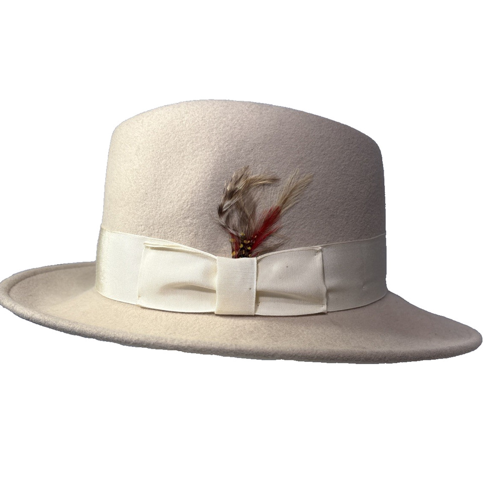 Bailey of Hollywood 100% Wool Fedora Hat Beige Feather Accent Made in USA Size L